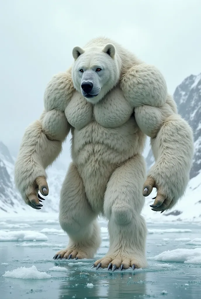 A fused hybrid human polar bear, big, fierce,  muscular,  impressive, walk on a frozen lake, HD