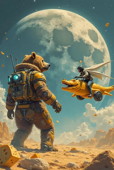 Make a robot bear fighting on the moon with a banana on a flying motorcycle in the shape of a crocodile and the moon is made of cheese and they were fighting against Goku