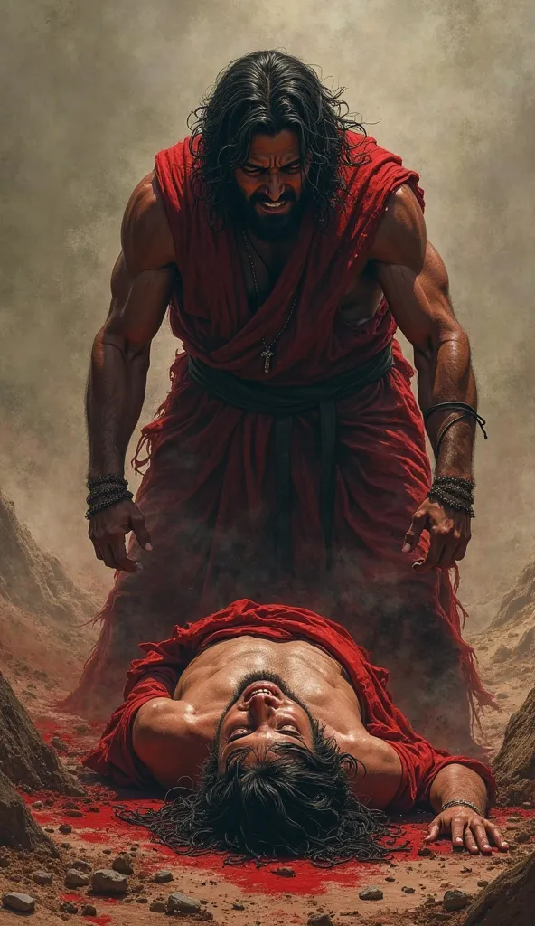 Cain beating Abel in a field,  with an expression of anger and jealousy . Background of a desolate and bleak landscape. red and dark tones