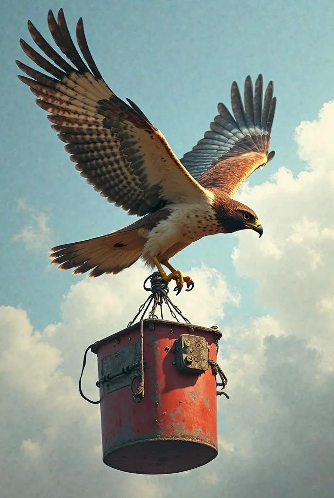 The goshawk turned in front and the bucket of those used in firefighting helicopters 