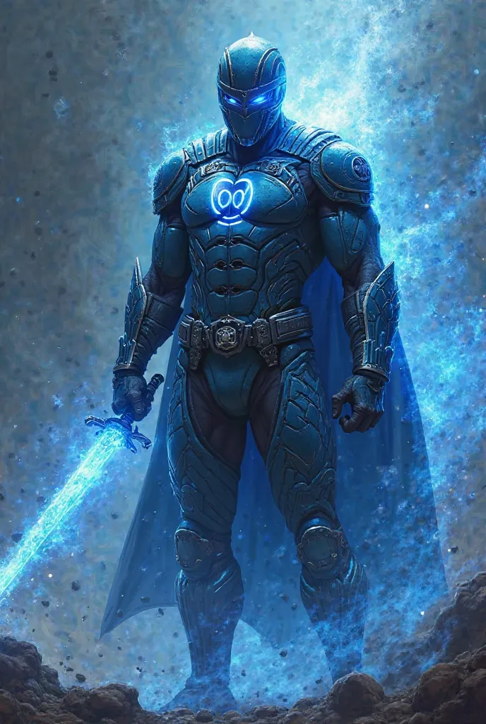 Special forces soldier combined with a blue lantern (from DC comics) being powered up and wearing a spartan inspired helmet, wielding a ninjato sword