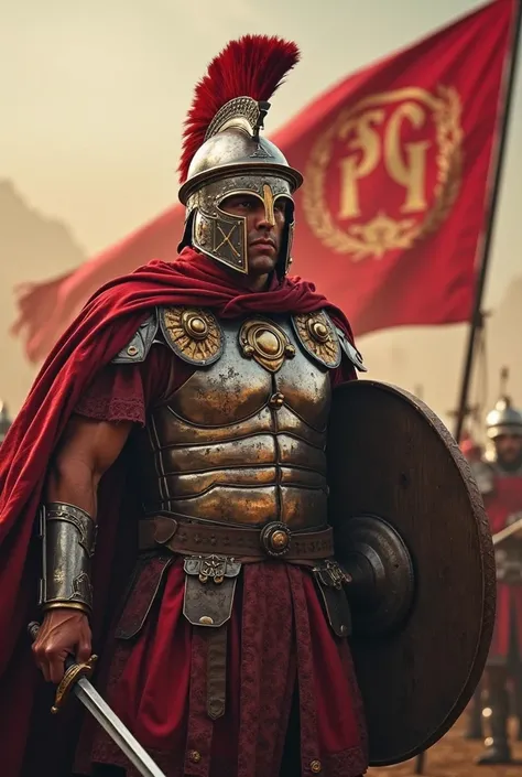 It must inspire strength and epicity to the Roman legionaries and in the background a flag with a clearly visible writing flies in the background "SPQR", Furthermore, the subject must toast sword and shield

