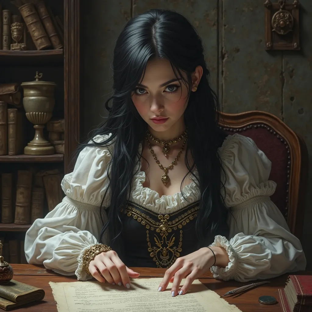 shirt, smooth black hair, black eyes, pale skin, elegant medieval costume looking at some papers that are on a desk and in the background a medieval office.
