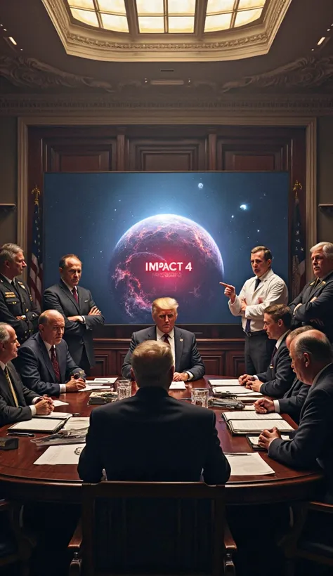 A massive crisis meeting inside the White House situation room, filled with scientists, generals, and top government officials. The room is dimly lit, with the main light source coming from a giant screen displaying a massive asteroid hurtling toward Earth...