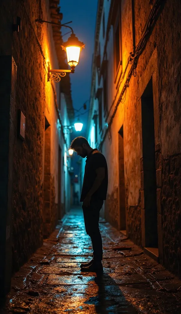 Medium angle of a man standing in a narrow alley in Salvador, Bahia, At night,  low angle camera, dramatic silhouette against the light of an old street lamp, long and irregular shadows on the stone walls, contrasting lighting with warm orange and deep blu...