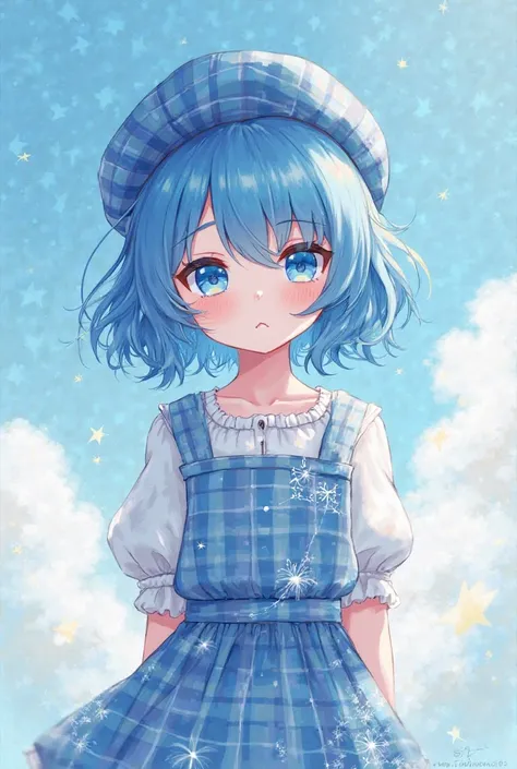 illustration style、 blue hair、 sky blue eyes、girls、blue plaid beret、Blue check pattern outfit