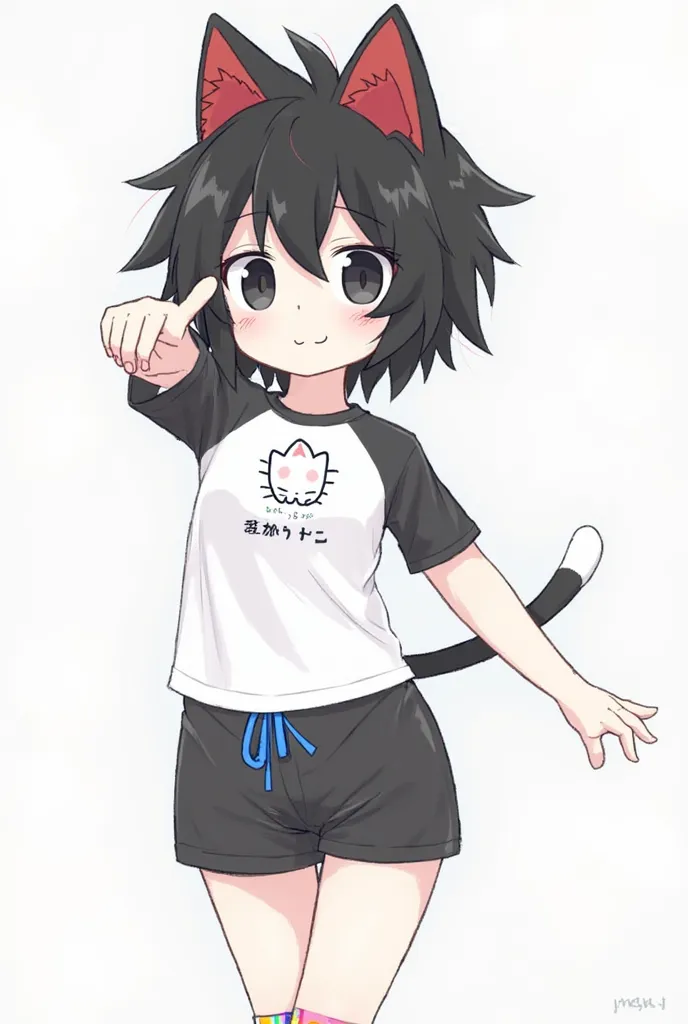 Hair: Messy black hair with a slightly spiky, anime-style look.

Face: White face with black eyes and a small, soft expression, giving a detached but cute vibe.

Ears: Black and red cat-like ears, adding a playful and expressive touch.

Shirt: A white ragl...