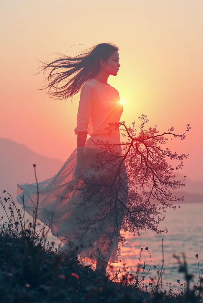 runs away from the mountain High quality,  8K Ultra HD, Прекрасная double exposure, that combines the silhouette of a goddess and the sunset on the coast, , the sunset coast should serve as a background, with its details,  incorporated into the silhouette ...