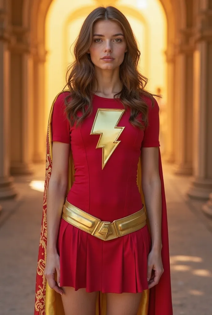 Caucasian girl age 15 as Mary Marvel from Shazam wearing  a red short-sleeved blouse and red skirt, lined with gold trim, and including a lightning bolt insignia, gold flats and "a cape she got brown hair. She got big breasts and big ass.In the style of Co...