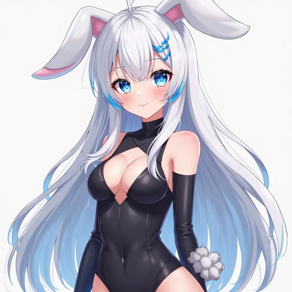 Anime-style. girl with white, long, fluffy hair with blue streaks and wears a fake rabbit ears and a black, shoulder-less suit that exposes some of her chest flesh. Wears a high-thigh silky sockets and a fake bunny tail. C-cupped breasts and heart-shaped r...