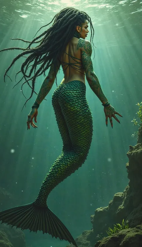 Mermaid with a green appearance like moss, a beautiful face, black dreadlocks, pointed ears, scaly hands like a tail, and a thick finned tail like a fish. While on the water