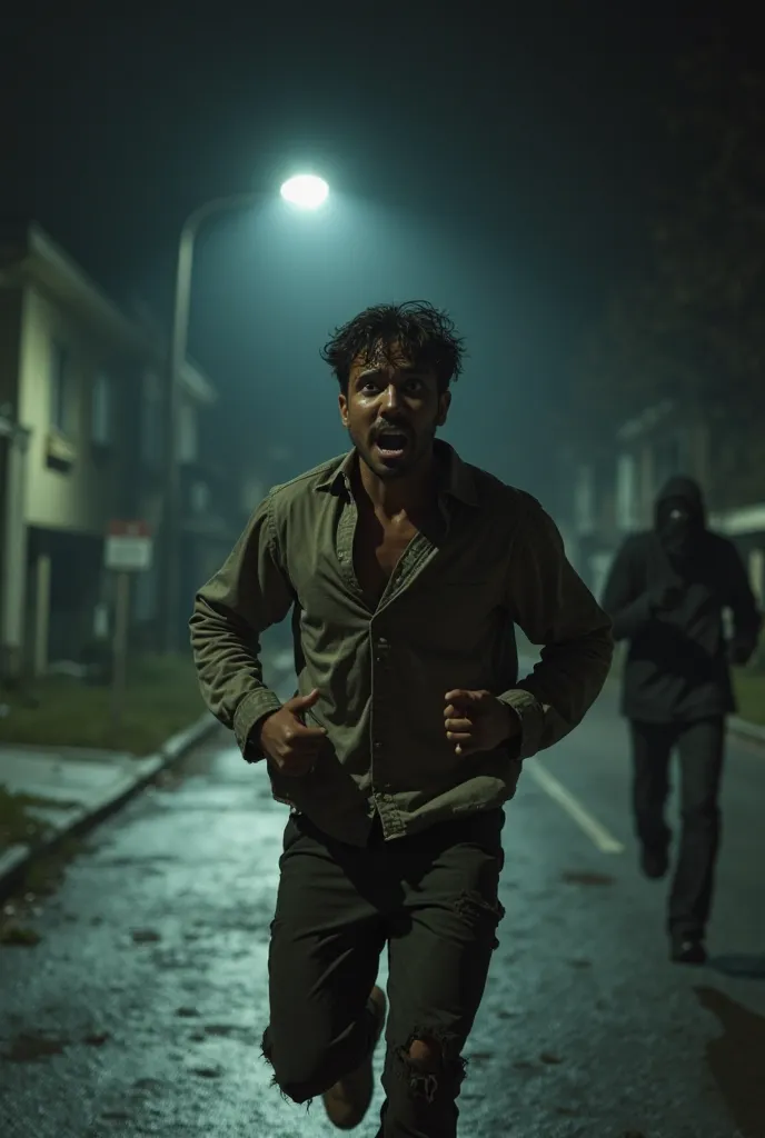 A person running desperately on a dark street at night. The scene conveys a strong sense of urgency and tension. The protagonist is sweating,  with wide-eyed ,  with a panicked expression , And the heavy breathing. He wears torn clothes and is visibly tire...