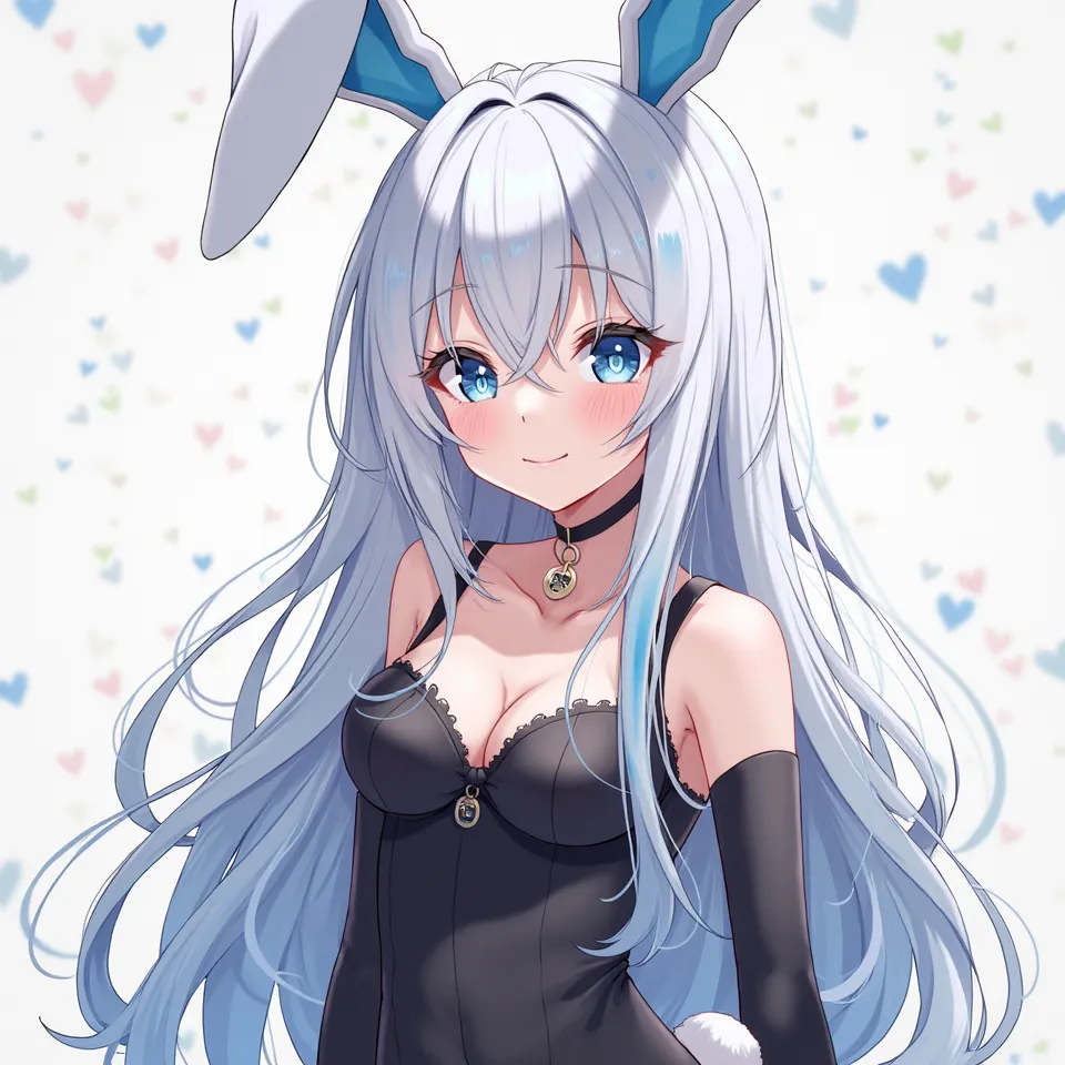 Anime-style. girl with white, long, fluffy hair with blue streaks and messy strands of hair falling across the face to highlight it. wears a fake rabbit ears and a black, shoulder-less suit that exposes some of her chest flesh. Wears a high-thigh silky soc...