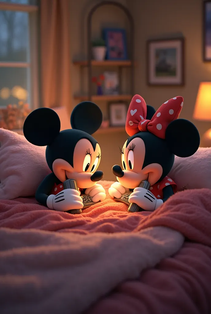 Picture where Mickey Mouse is in bed and Minnie too and they exchange messages over the phone in different houses 
