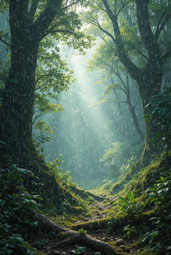 I need a screensaver for iPhone 13pro , Photo : , the forest where the rain falls is bright and dark 