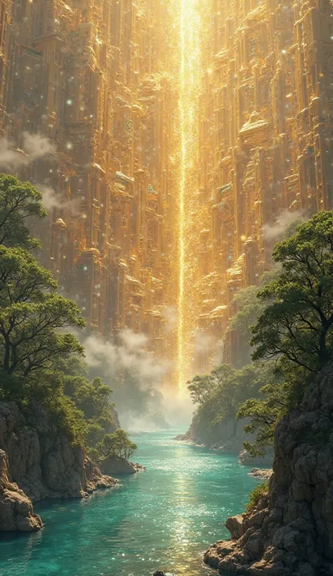   descending from heaven , with walls of gold and precious stones shining in heavenly light. A river of crystal clear water flows through the middle of the city, surrounded by leafy trees."