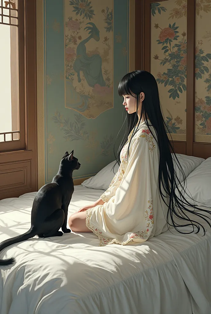 A Japanese princess with long black hair in a cape is sitting on the bed in her room opposite her is a black cat