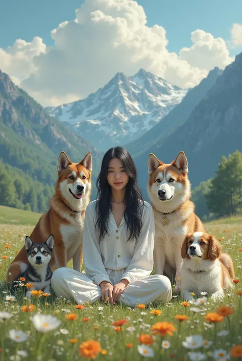  Image of a woman,  young, white skin, Black hair sitting on a meadow with flowers against a background of mountains and sky the woman is surrounded by dogs of all breeds