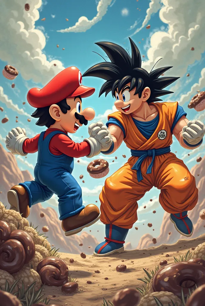 Create Mario from the video game fighting Goku from Dragon Ball for a chocolate donut