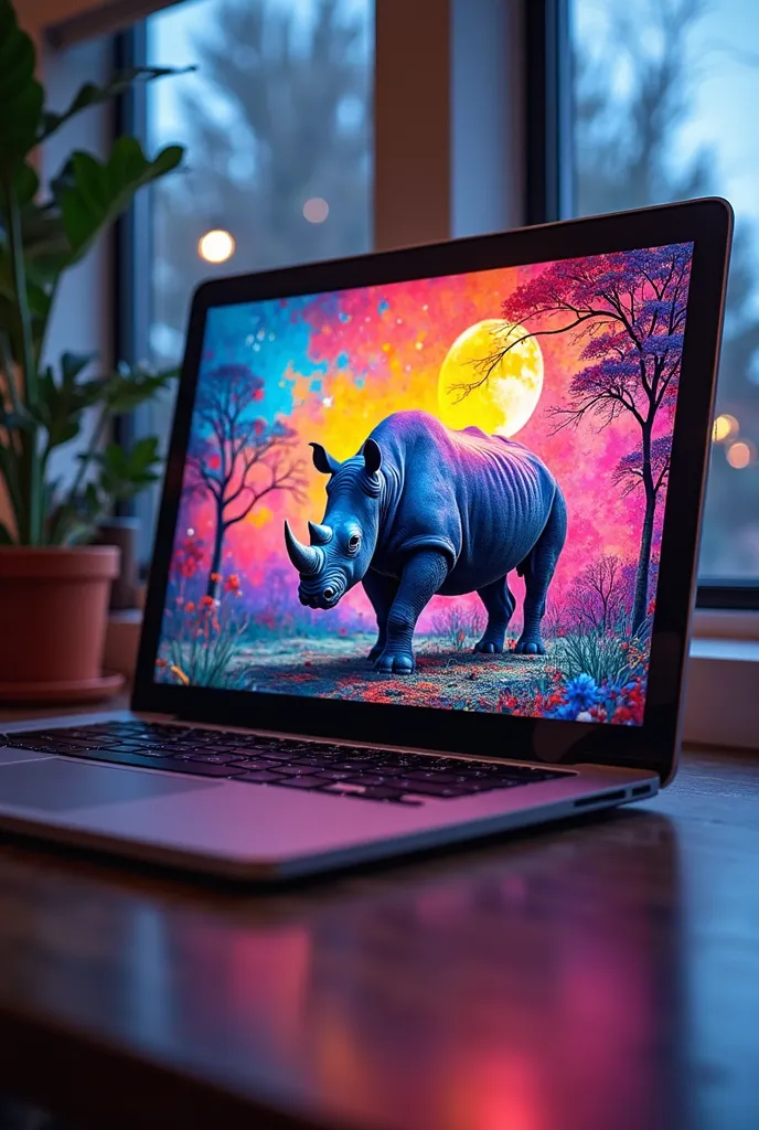 there is a laptop with a picture of a rhino on the screen, a computer rendering inspired by Okuda Gensō, unsplash, neo-fauvism, screenshot 4k, stunning screensaver, colorful computer screen, pc screen image, okuda, on ps5, colorful digital screens) xf iq4,...