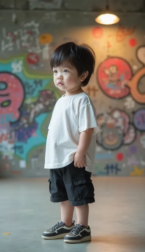 Japanese obese chubby elementary school student,  boy in an upright position ,  full body, wearing a white T-shirt and black shorts. The baby is standing on the smooth concrete floor in the skate park, The background has a colorful lamp and a wall full of ...