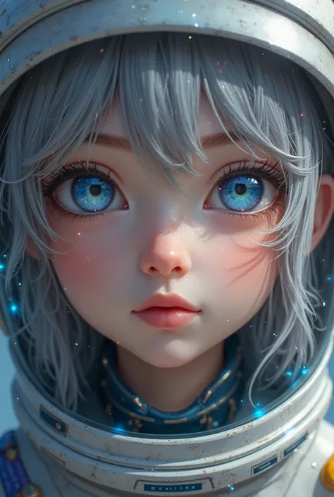 Close-up of an improved masterpiece:1.5)0.9], ( Space and Astronauts:1.2) ( Untidy silver hair:1.1) ( heterochromia:  xanthochromia and blue eyes:1.2) (Space helmet:1.0) (Colored stars in the eyes:1.0) (A radiant shine:1.1) (thick lips:0.9)