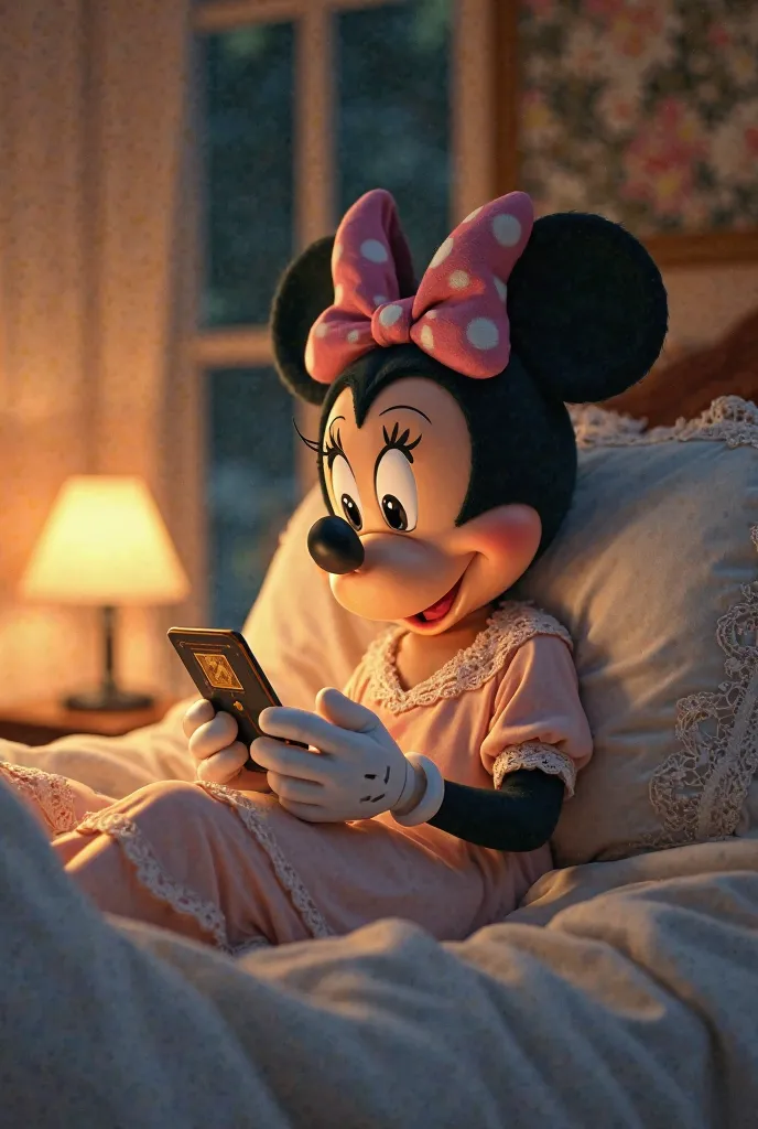 It represents Minnie answering Mickey Mouse's messages in her bed during a summer night 