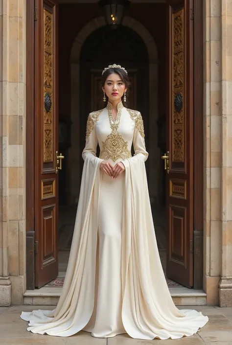 arafed woman in a long dress standing in front of a door, a picture inspired by Nazmi Ziya Güran, trending on cg society, baroque, idian dress, dress in the style of rococo, white regal gown, ao dai, wearing long gown, beige, * * * * *, long luxurious gown...