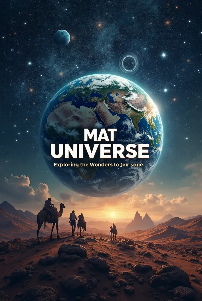 "Create a stunning YouTube channel banner for 'MAT Universe,' a world documentary channel. The design should feature a cosmic and planetary theme, with a futuristic and adventurous feel. The centerpiece should be a beautifully rendered Earth blended with s...