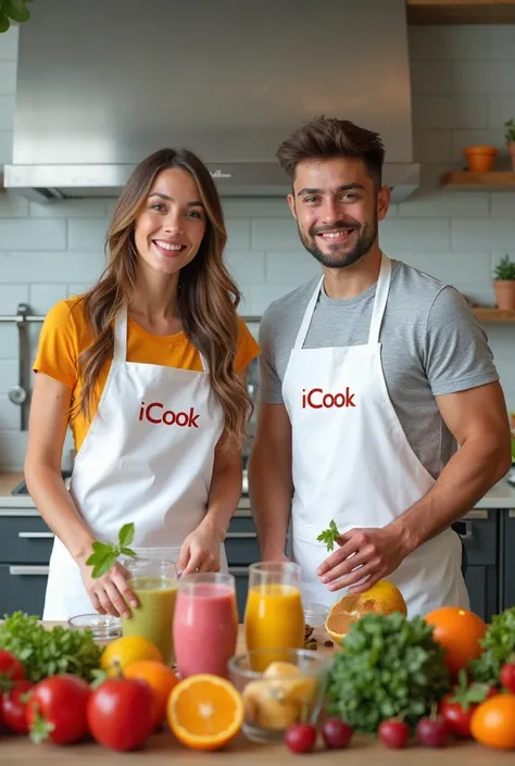 smoothie show featuring the same guy and girl in Icook branded aprons