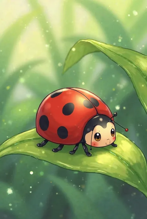 anime style. Cute red ladybug with black spots, With a black head and yellow eyes, And black antenitas, with a beige underside of her body. Eating on a leaf of a pretty plant