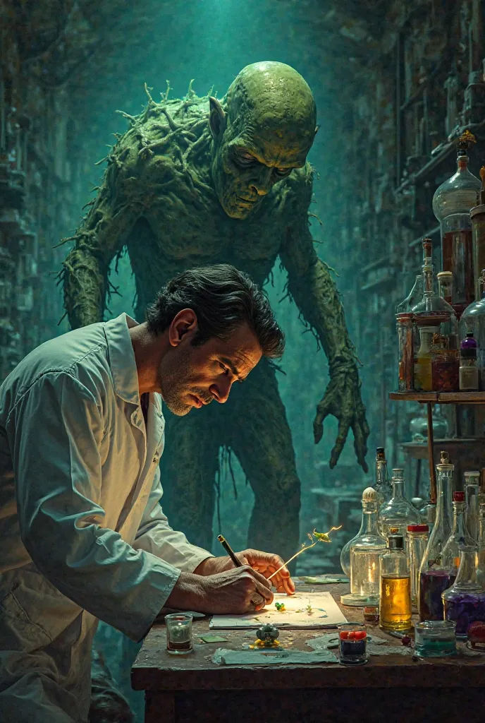 Make an image where there is a scientist with samples on the table and in his hand in the background showing a deteriorated green Frankenstein with scars