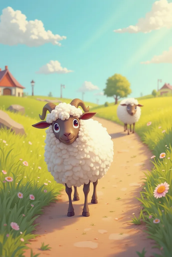 A sheep walking alone away from the cartoon group for a story