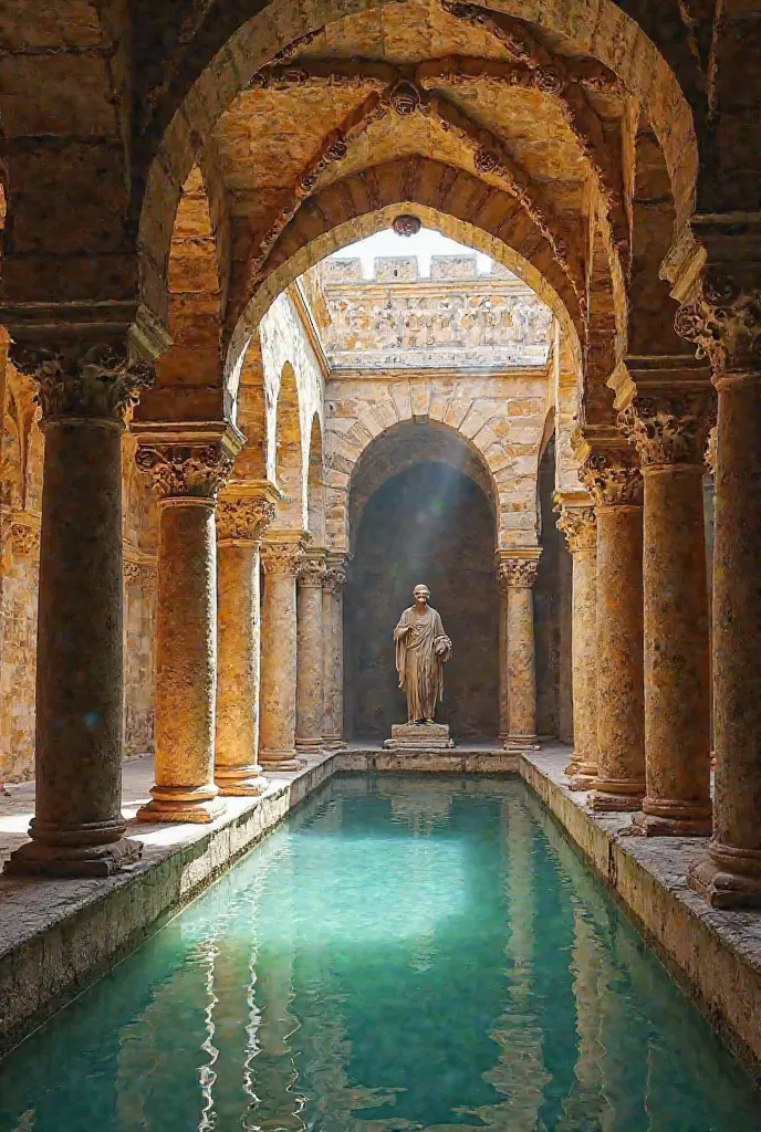 Merge the Basilica Cistern and the palestine, Be on top of the mountain and medusa statue, Let the motifs reflect the architecture of Palestine on the columns. Let there be water in it, as in the cistern of the basilica, and let the structure be made of ye...