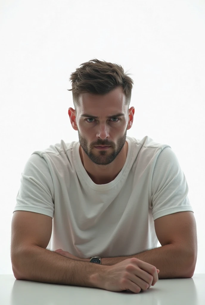 A man sitting at the table, undressed t-shirt, Have a little serious character, Sit under the white light