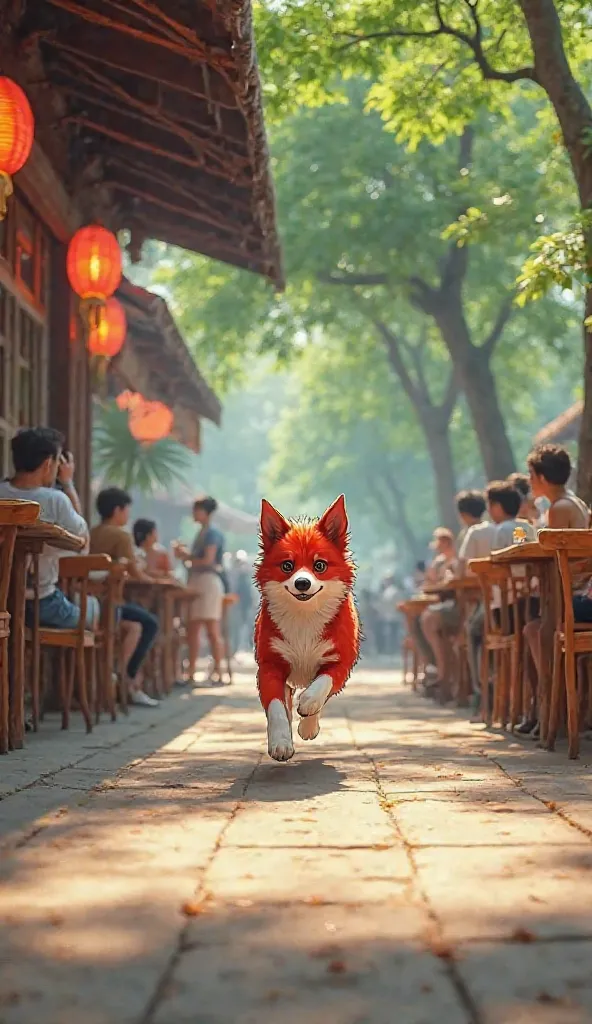 The red and white dog dashes past an open-air restaurant, moving with the speed and energy of an anime action scene. The restaurant is lively, with several wooden chairs and tables, where a few people are sitting and eating. Some glance at the dog as it ru...