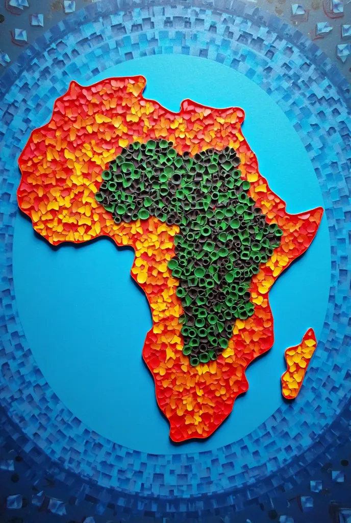 Create a striking paper mosaic art piece featuring an African map coloured red, yellow, green and black. The intricate mosaic design symbolizes strength, unity, and resilience within the African community. Set against a vivid gradient blue background, the ...