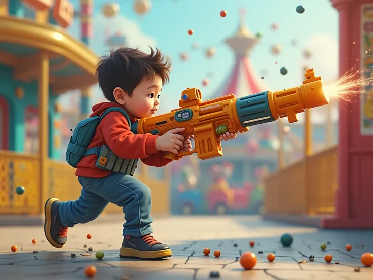  A  holds a toy machine gun with handles attached to the ground on both sides in an amusement park and shoots colored balls  and coloerful background and War games atmosphere