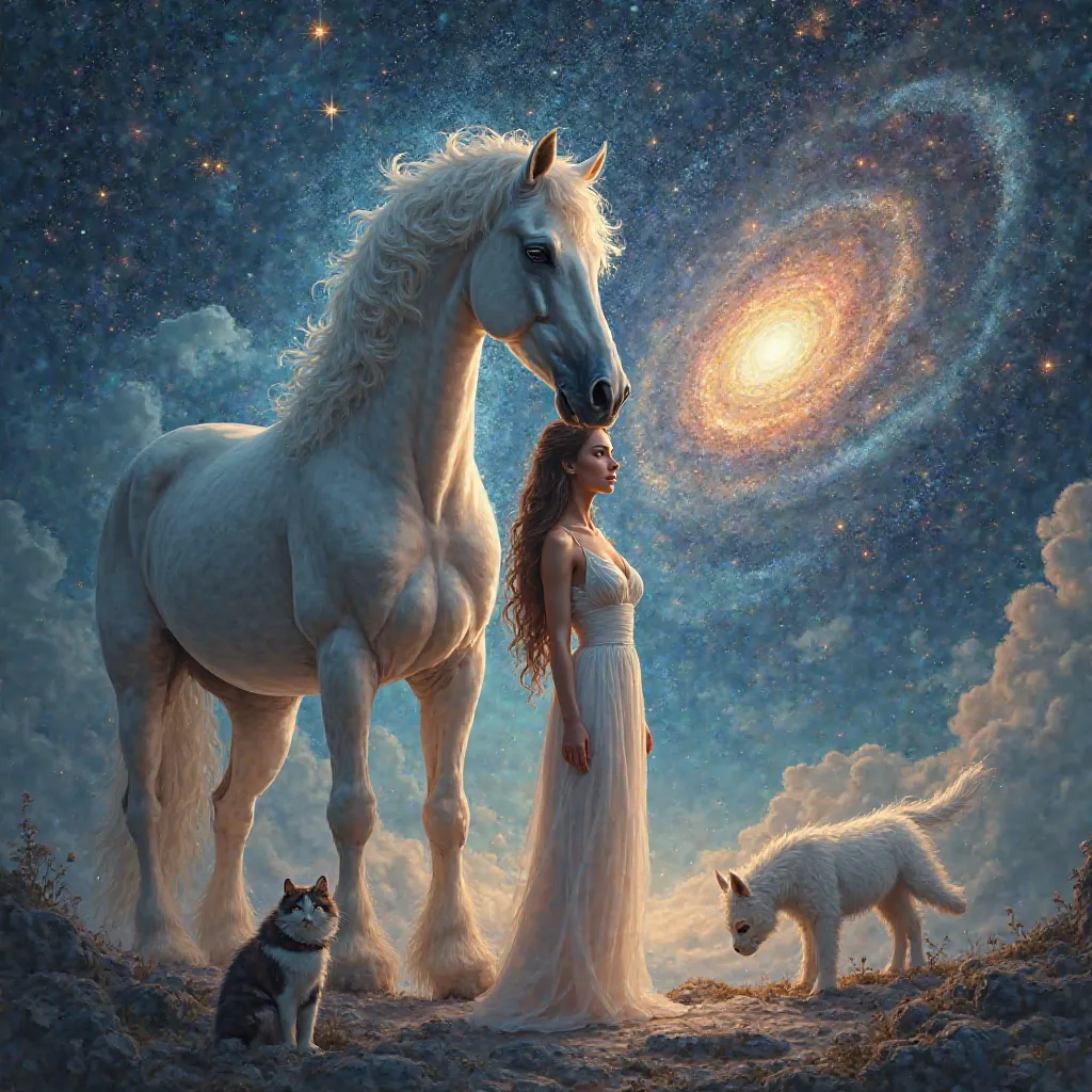 Brunette women next to a horse then a cat and a dog in the background Galaxy style