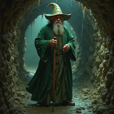 create an image of a Character of " The Wonderful Wizard of Oz (The Middle-Aged Man OSCAR) wearing a long green magical round hat and clothes, planning an escape in an underground tunnel