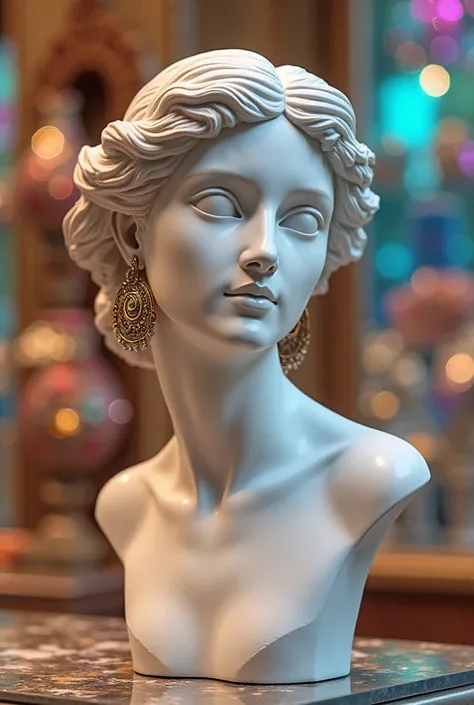 a drawing of Aphrodite's plaster head with an earring decoration, that&#39;s it, calle, and next to her what would be the colors in the jewelry store 