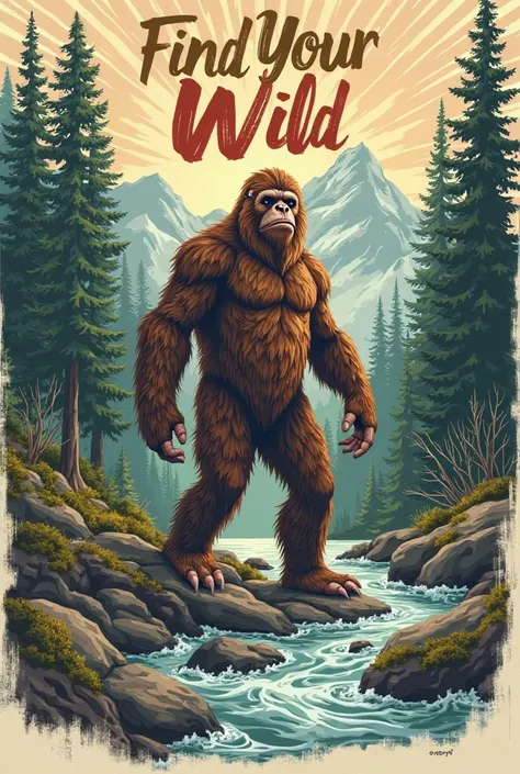 A majestic Sasquatch standing tall in a serene forest, surrounded by towering mountains, lush trees, and flowing waves. The scene is full of earthy, natural elements like rocks, moss, and a clear sky above. The design features warm, earthy tones—rich green...