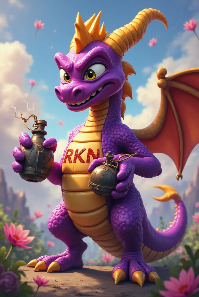 Spyro dessin animé tatoué RKN sur le torse avec des grenade dans les mains 

