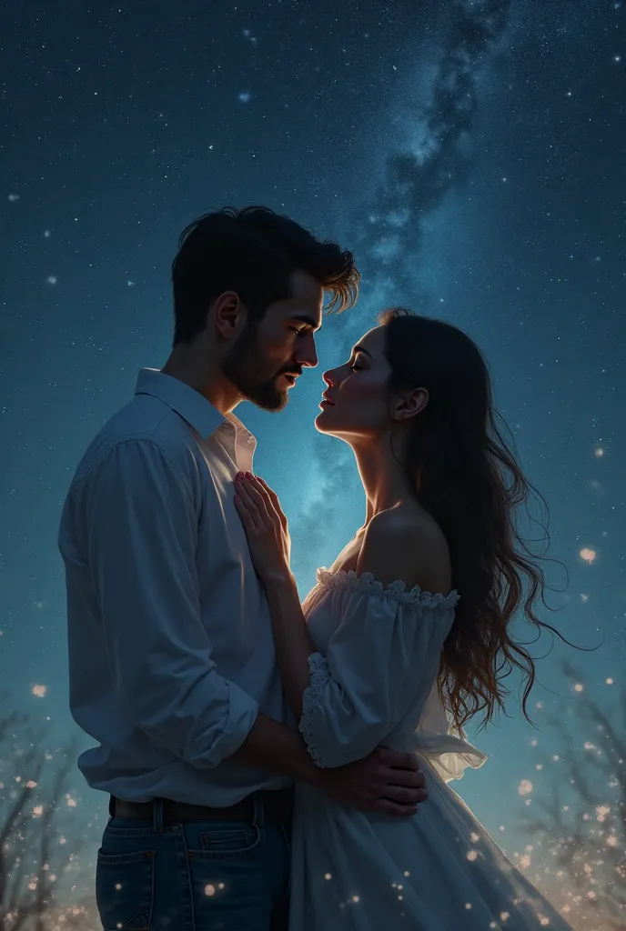 A couple looks into each other's eyes on a starry night while he touches her chest