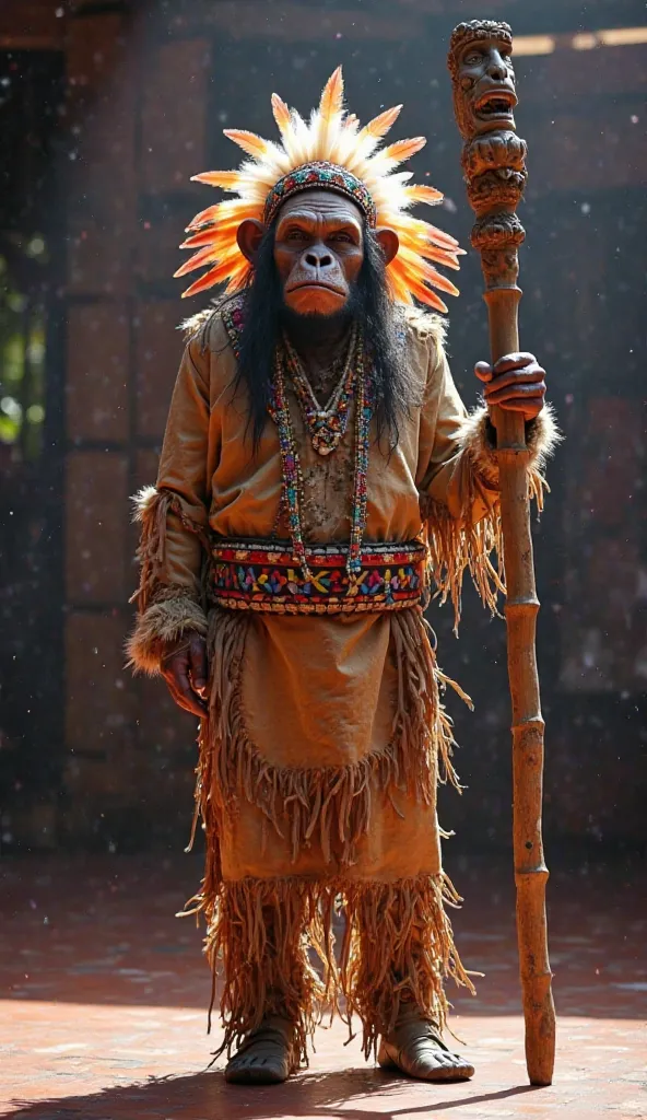 A boy with ape-like features, a prominent ape-like face. He wears a traditional American costume consisting of a torn leather robe decorated with feathers and colorful beads. On his head is a large, colorful headdress of feathers. In his hand he holds a lo...