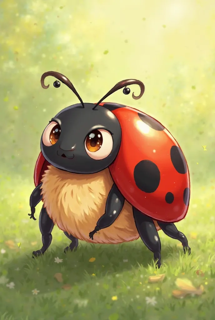 anime style. Cute red ladybug with black spots, With a black head and yellow eyes, And black antenitas, with a beige underside of her body. opening their wings