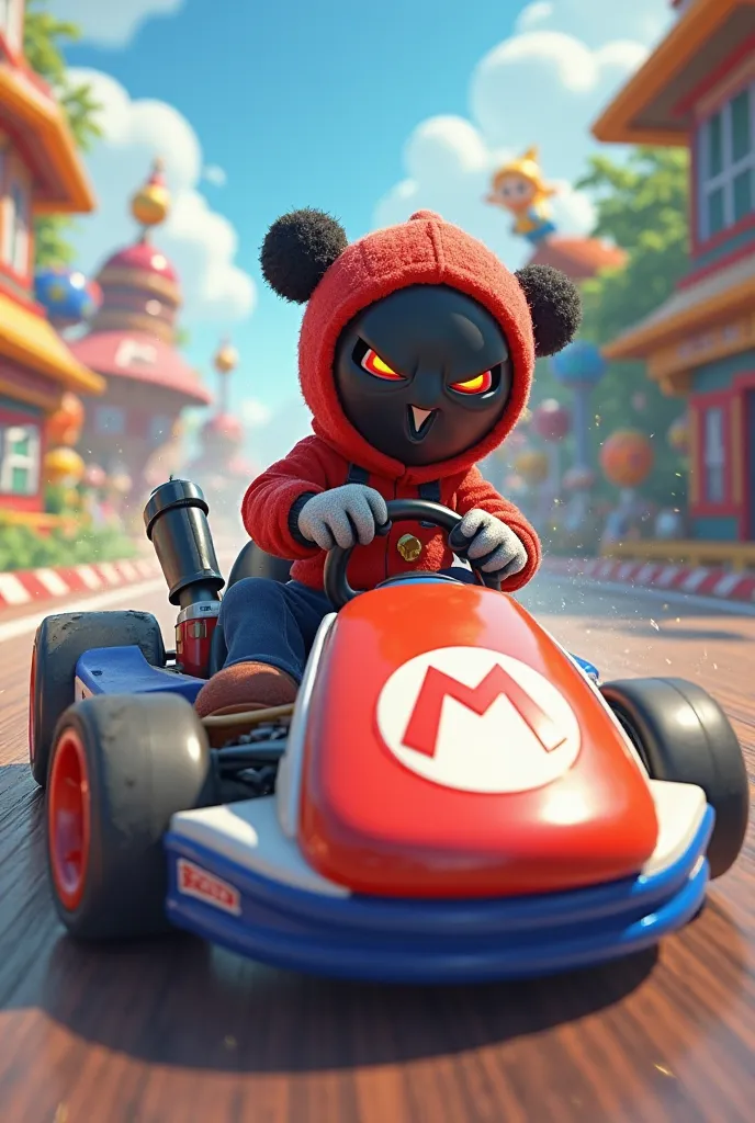 In-game image of a masked man riding a Mario Kart smiling