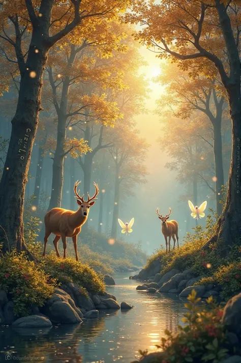 Enchanted Forest at Dawn:
A mystical forest where the trees have golden leaves that softly shimmer in the morning light. The air is filled with glowing fireflies, and a clear stream reflects the sky’s pastel colors. Magical creatures like glowing deer and ...