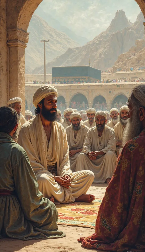 Prophet Muhammad sitting among his people in Mecca, pre-Islamic era