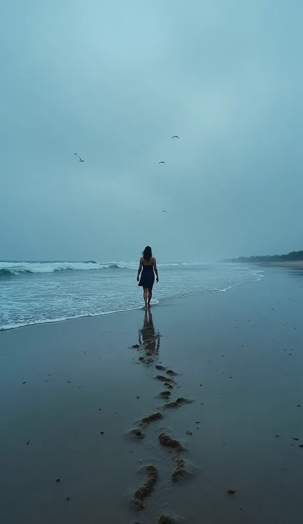 Wide shot of a woman walking alone on a deserted beach in Florianópolis, Santa Catarina, at dawn, camera at a low diagonal angle, footprints in the sand being erased by gentle waves, cold and bluish lighting, ethereal glow on the wet sand and waves, deep d...